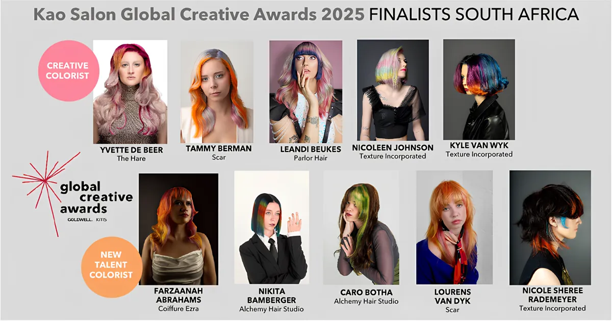 Kao Salon Global Creative Awards 2025 South Africa finalists, featuring Lourens van Dyk in the New Talent Colorist category