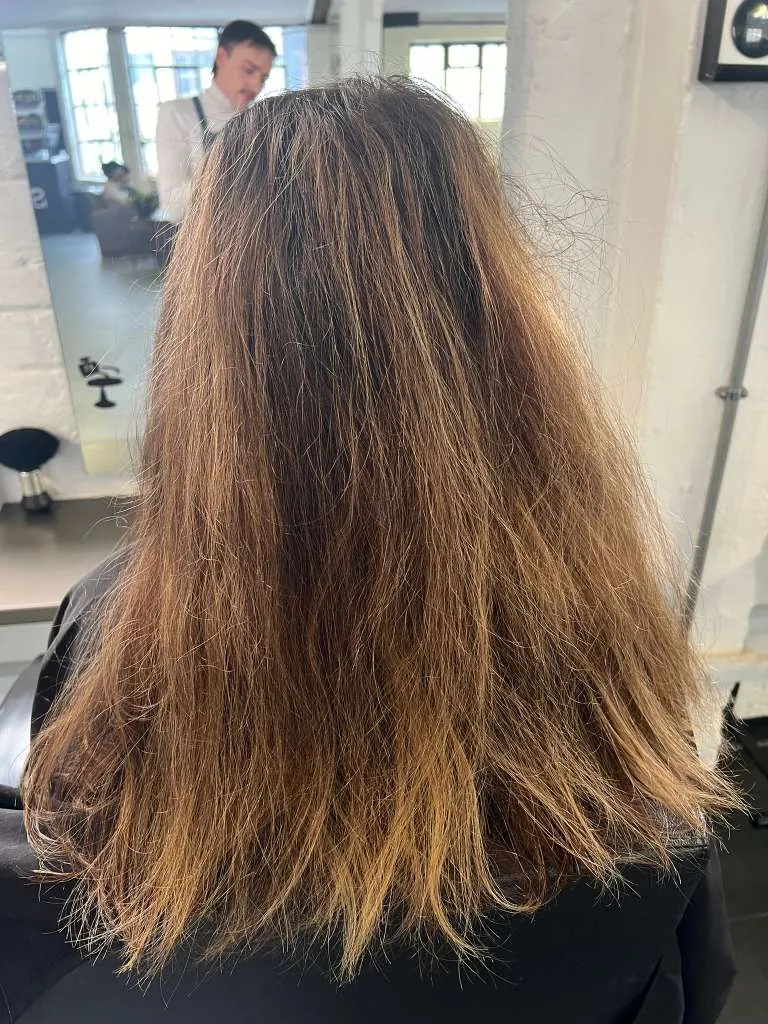 Before: brassy roots with uneven lift