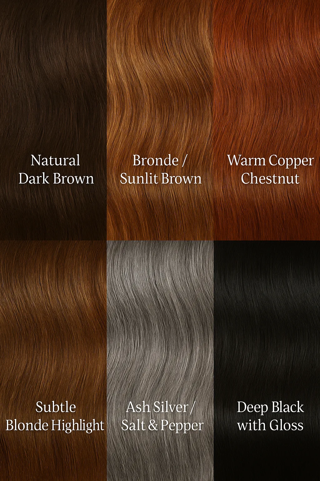 Men’s 2025 hair colours: Natural Dark Brown, Sunlit Bronde, Warm Copper Chestnut, Subtle Blonde Highlight, Ash Silver/Salt & Pepper, Deep Black with Gloss