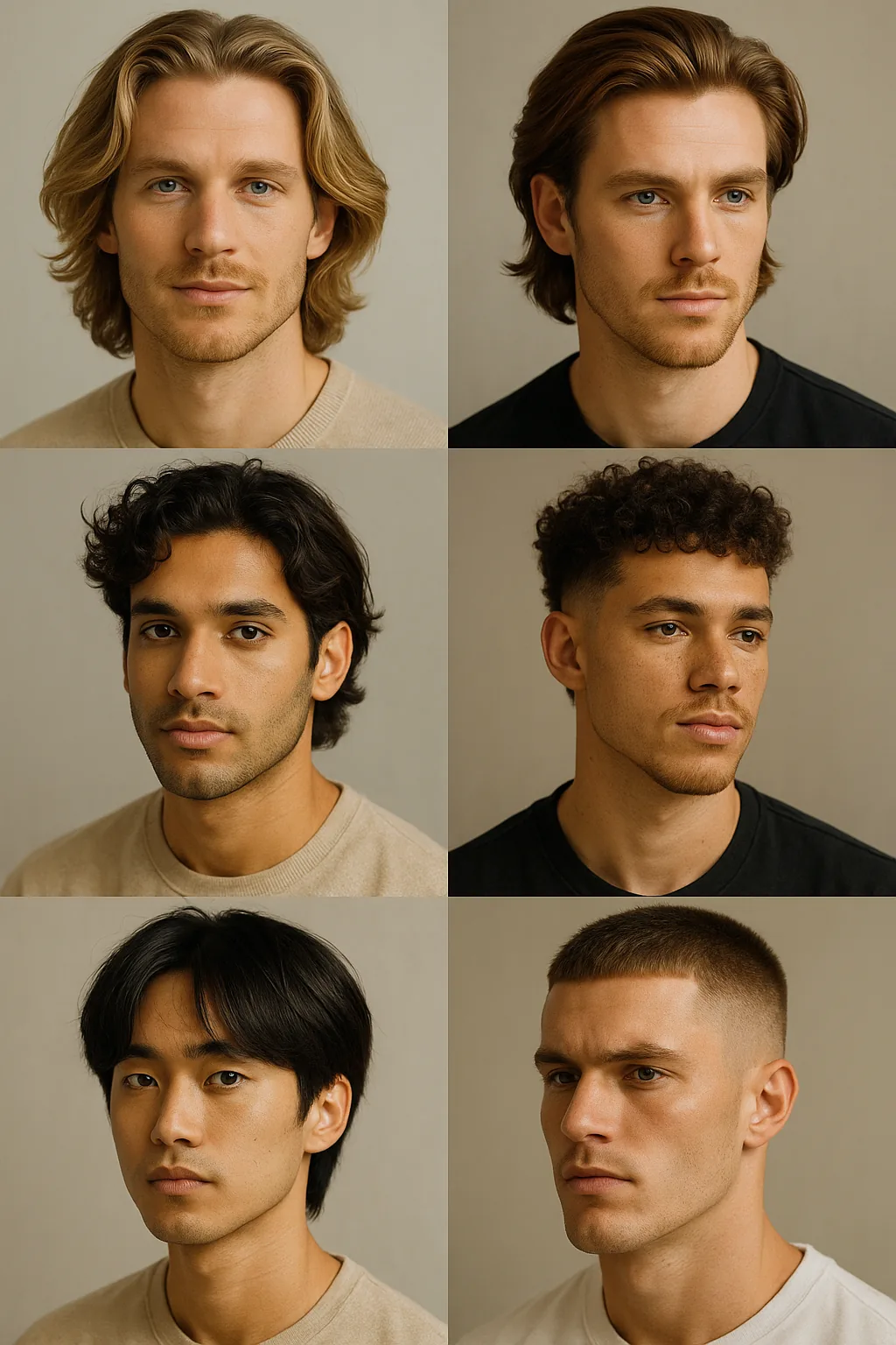 Men’s 2025 hairstyles: mid‑length flow, curtains, textured crop, curly fade, soft fringe, buzz