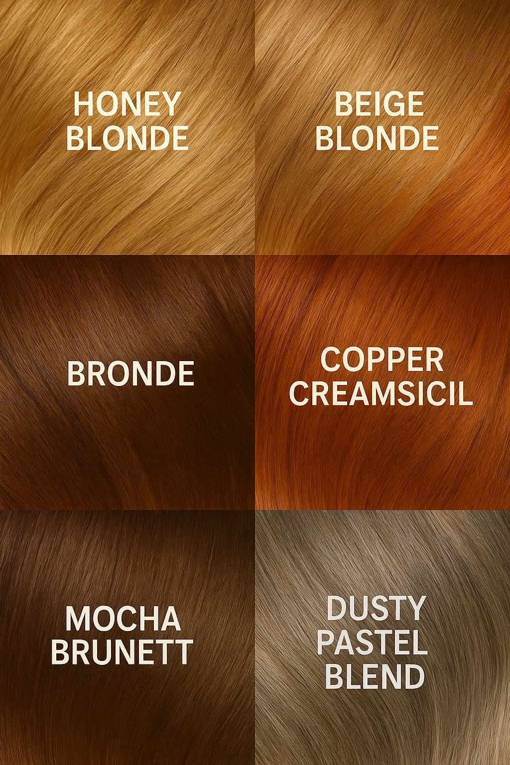 Women’s 2025 hair colours: Honey Blonde, Beige Blonde, Copper Creamsicle, Bronde, Mocha Brunette, Dusty Pastel Blend